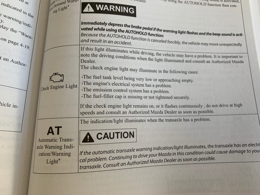 Owners manual check engine light warning section